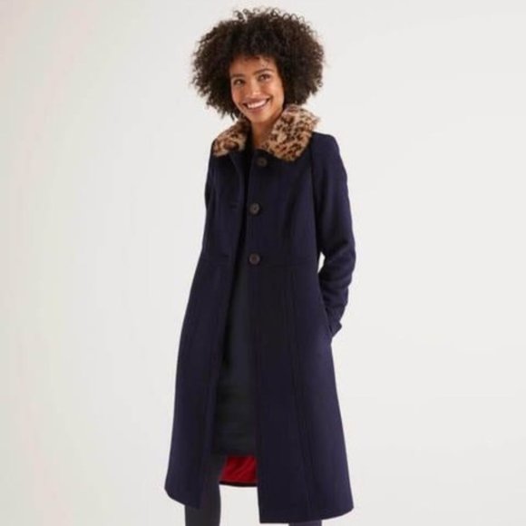 Boden Austen Coat Navy Blue Wool with Removable Faux Fur Trim Collars Size 16R - Picture 1 of 14